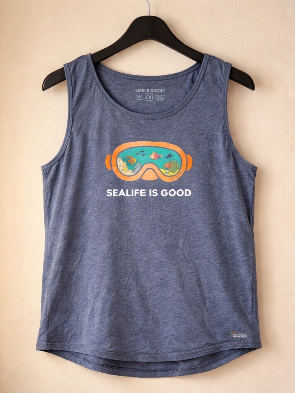 Life Is Good Blue Tank with Colorful Snorkel Goggles Graphic - Picture 1 of 5
